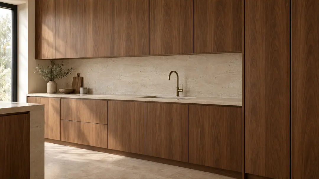 Concept render of a wall of sequence-matched walnut cabinetry with a honed limestone countertop and bronze tap