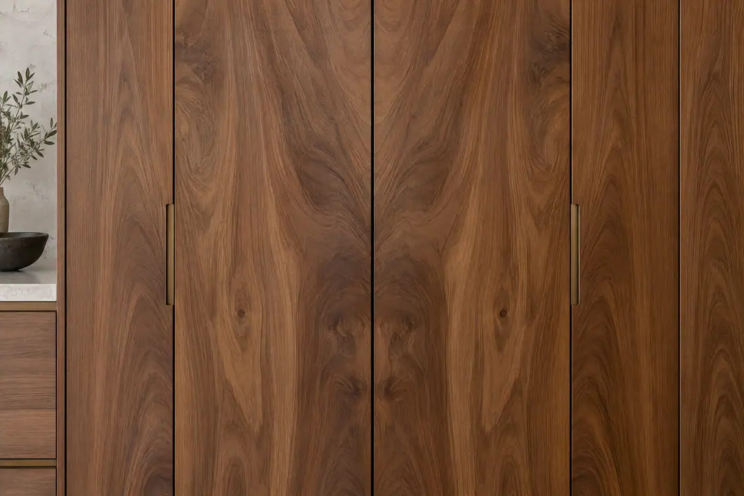 Book-matched walnut veneer doors with grain mirrored across the panels