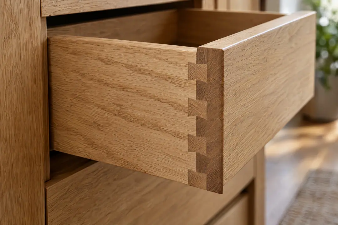 Close-up of hand-cut dovetail joints on an open white oak drawer box