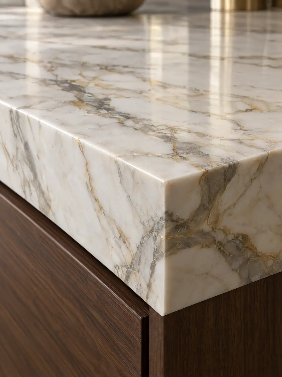 Close-up of a mitered Calacatta marble countertop edge with veining wrapping the corner