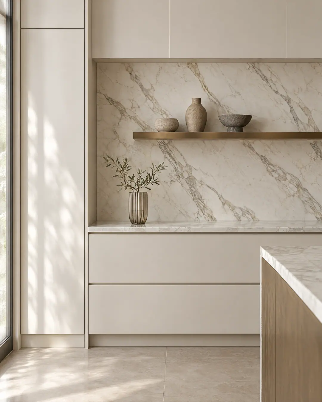 Concept render of ivory lacquered cabinetry beside a full-height marble backsplash with a bronze shelf