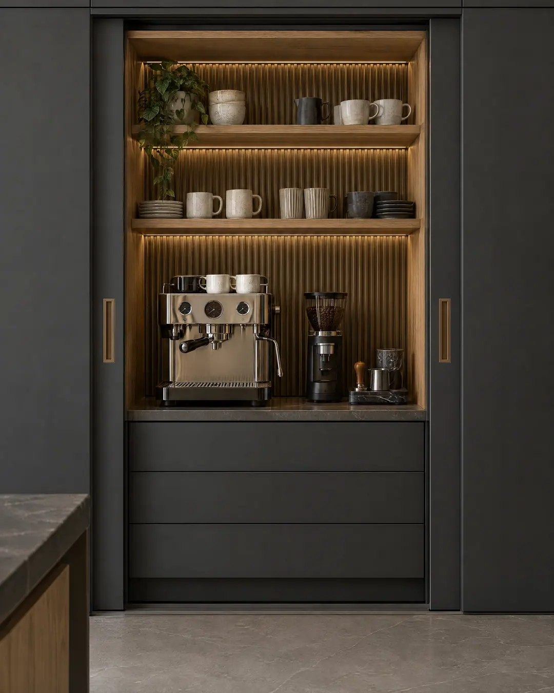 Concept render of a concealed coffee bar with pocket doors, a fluted bronze panel and oak shelves