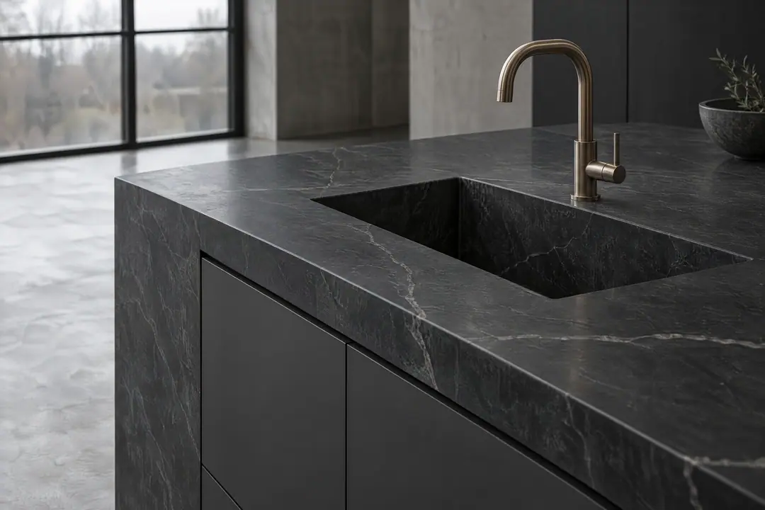 Concept render of a honed soapstone island with an integrated sink and bronze faucet