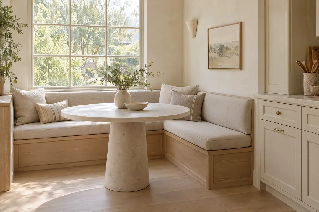 Concept render of a white oak breakfast banquette with linen cushions and a round stone table