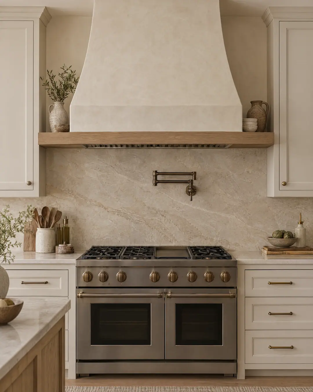 Concept render of a plaster hood over a range set into ivory cabinetry with quartzite backsplash