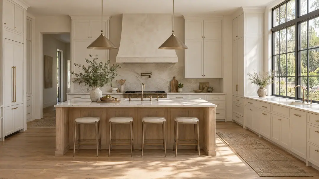 Concept render of an ivory painted kitchen with a white oak island and plaster range hood