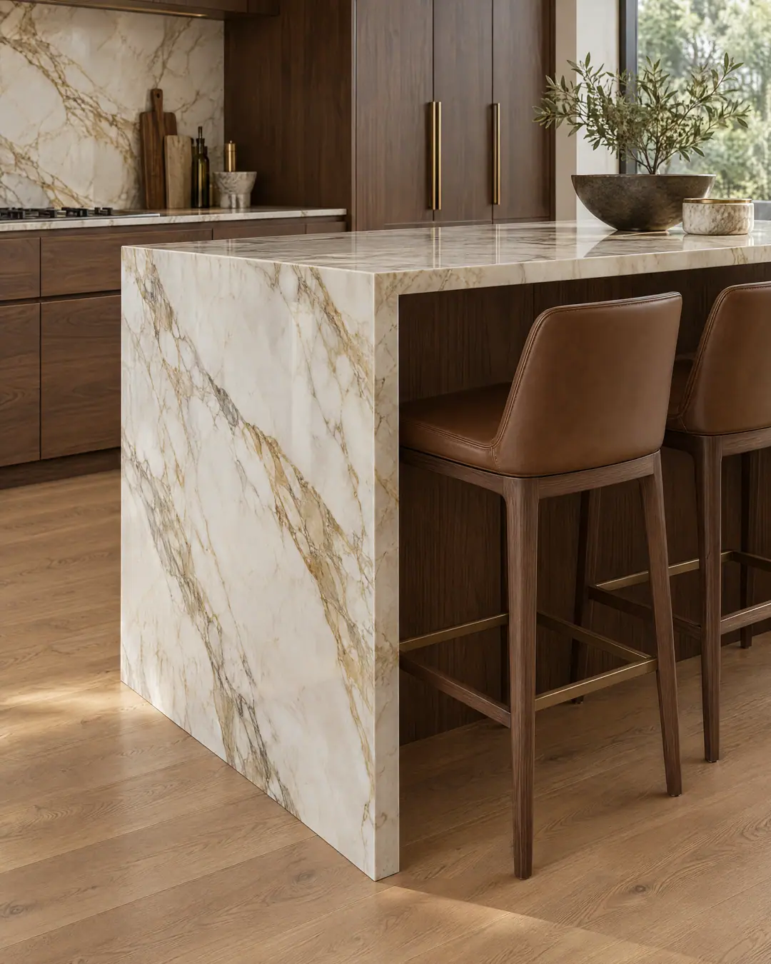 Concept render of a marble waterfall island end with leather counter stools