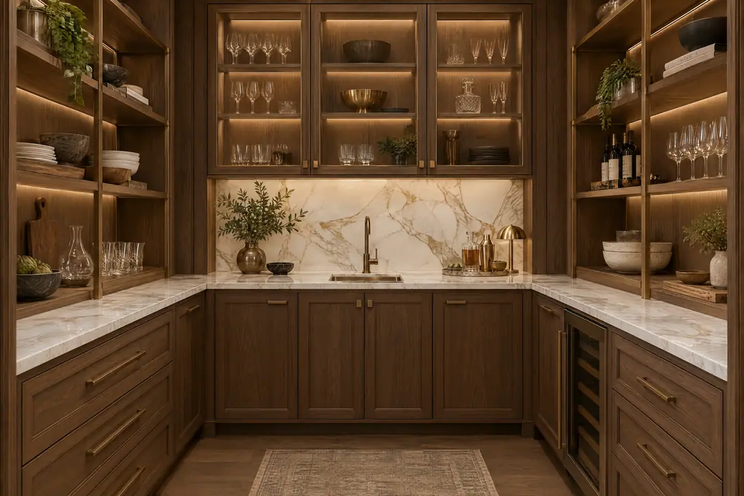 Concept render of a walnut butler's pantry with bronze shelving and lit glass cabinets
